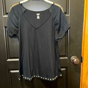 Sheer sleeve blouse with studded trim.